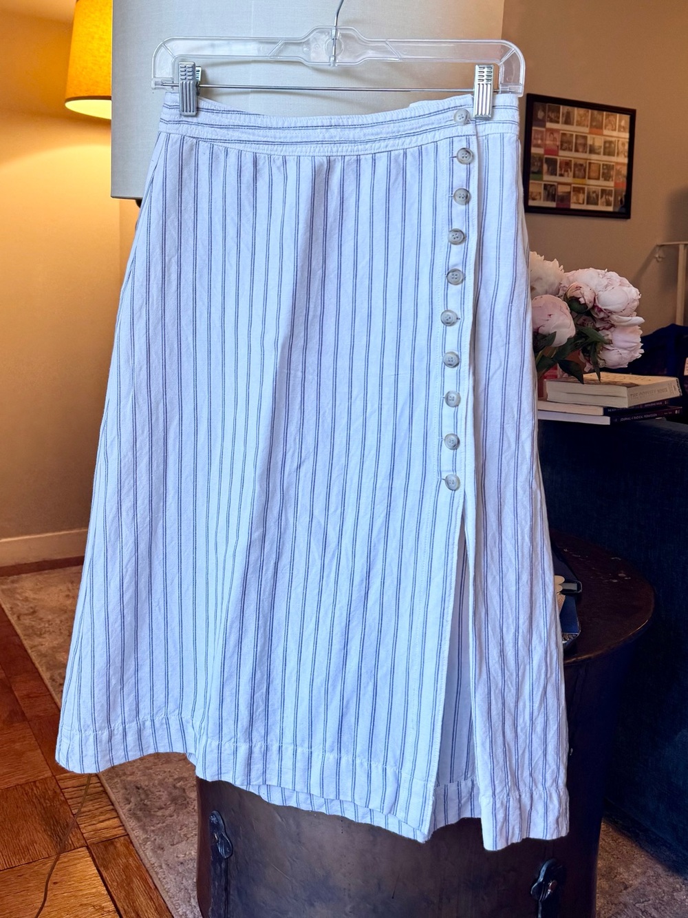 Madewell White & Blue Striped Midi Skirt with Side Button Placket